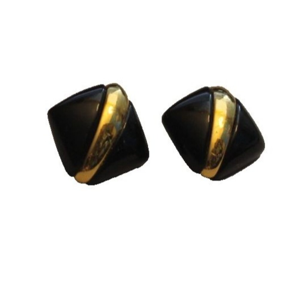 Vntage Signed Monet Gold Tone and Black Lucite Square Clip On Earrings